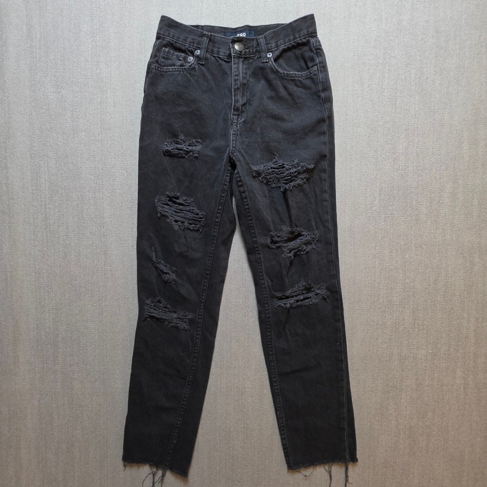 Aero Mom Jean Women 0 Reg Black Distressed High Rise Raw Hem Denim